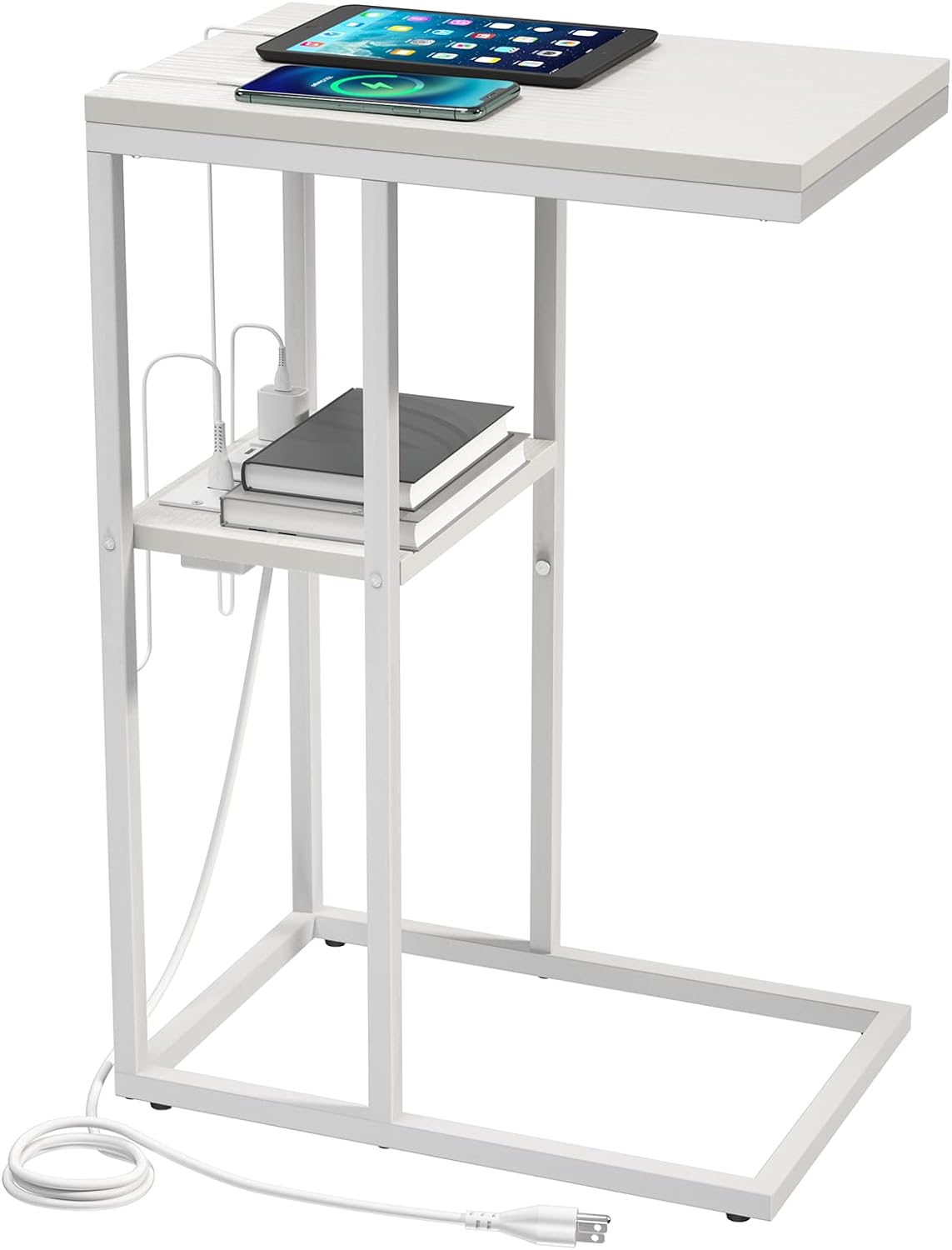 C Shaped End Table with Charging Station for Small Spaces