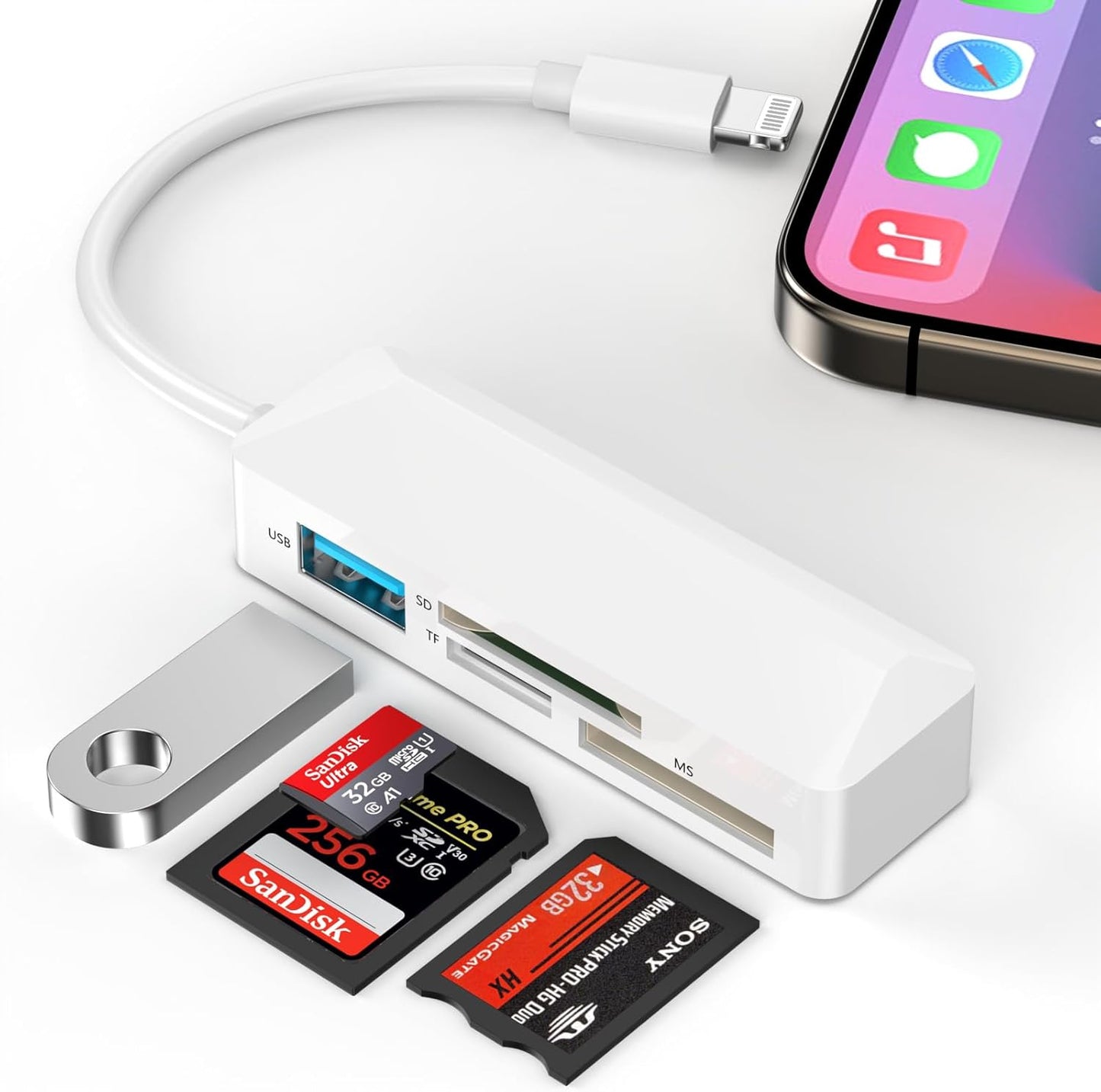 4-in-1 Lightning to SD Card Reader for iPhone - Plug and Play Convenience