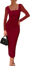 Fall Wedding Guest Midi Dress - Ruched Long Sleeve Bodycon