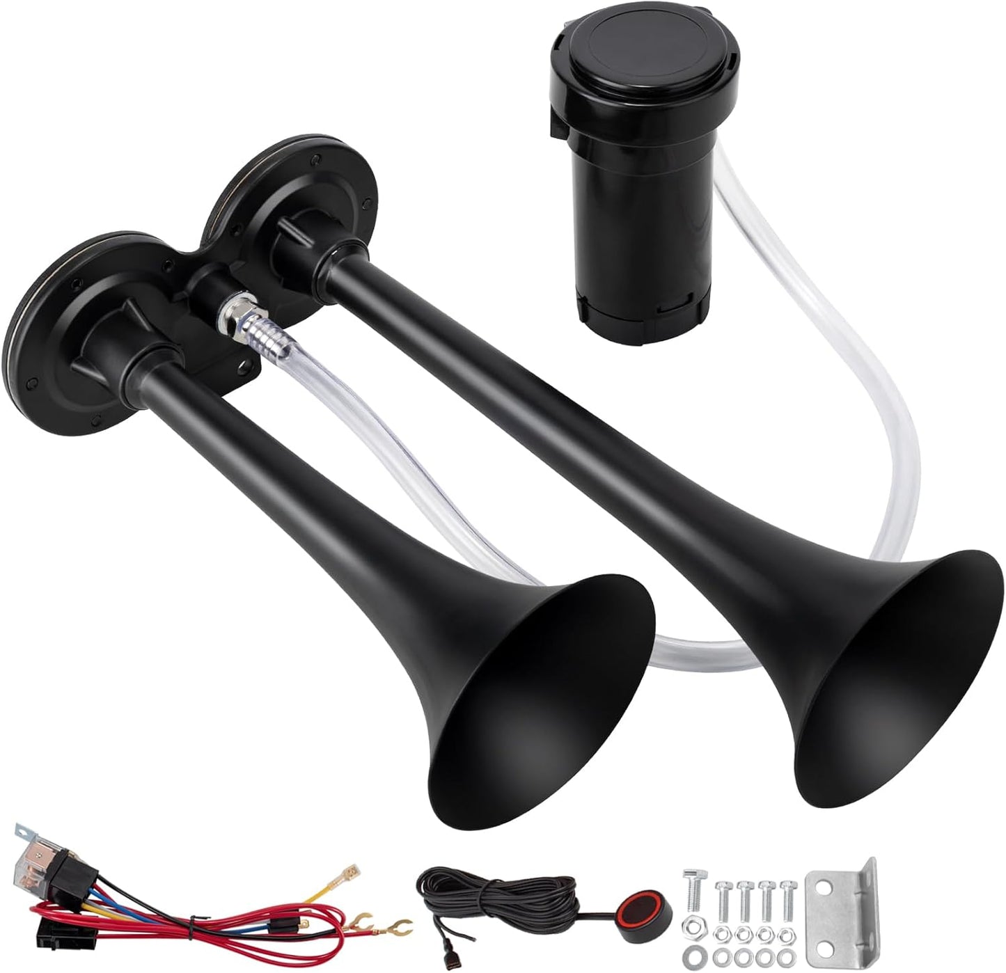 Black Train Horn for Car - Loud Dual Trumpet Air Horn Kit