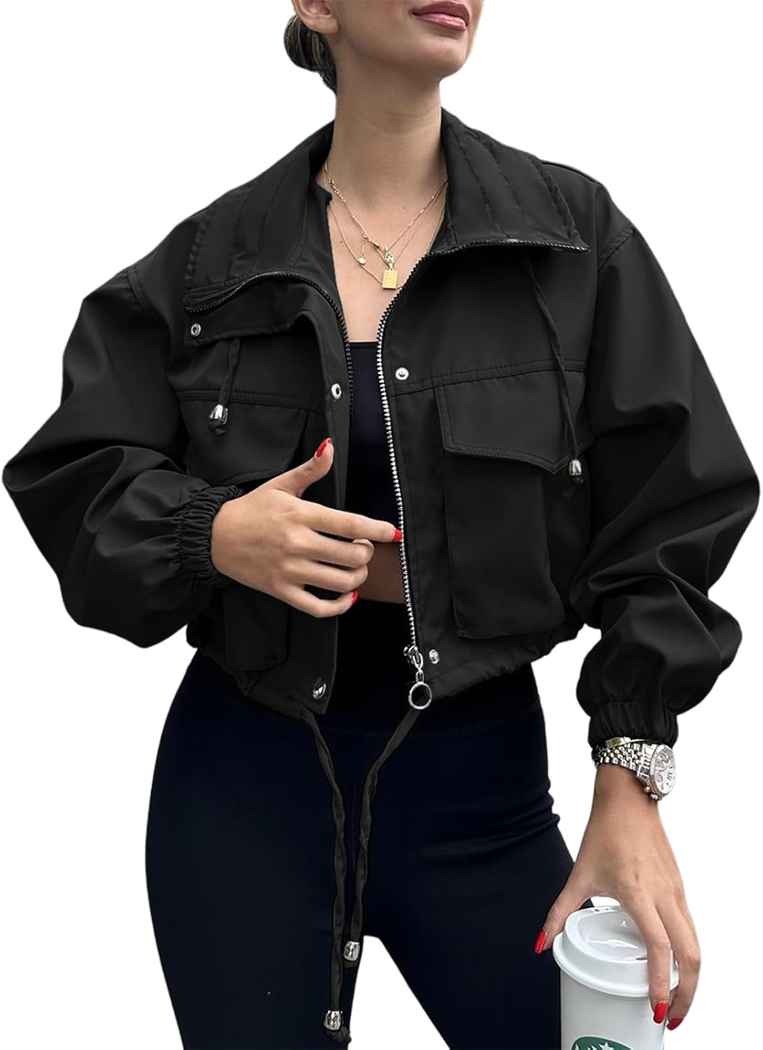Tankaneo Womens Cropped Jacket Zip Up Lightweight Utility Coat