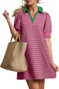 Women's Striped Mini Dress with Lapel V Neck - Summer 2025