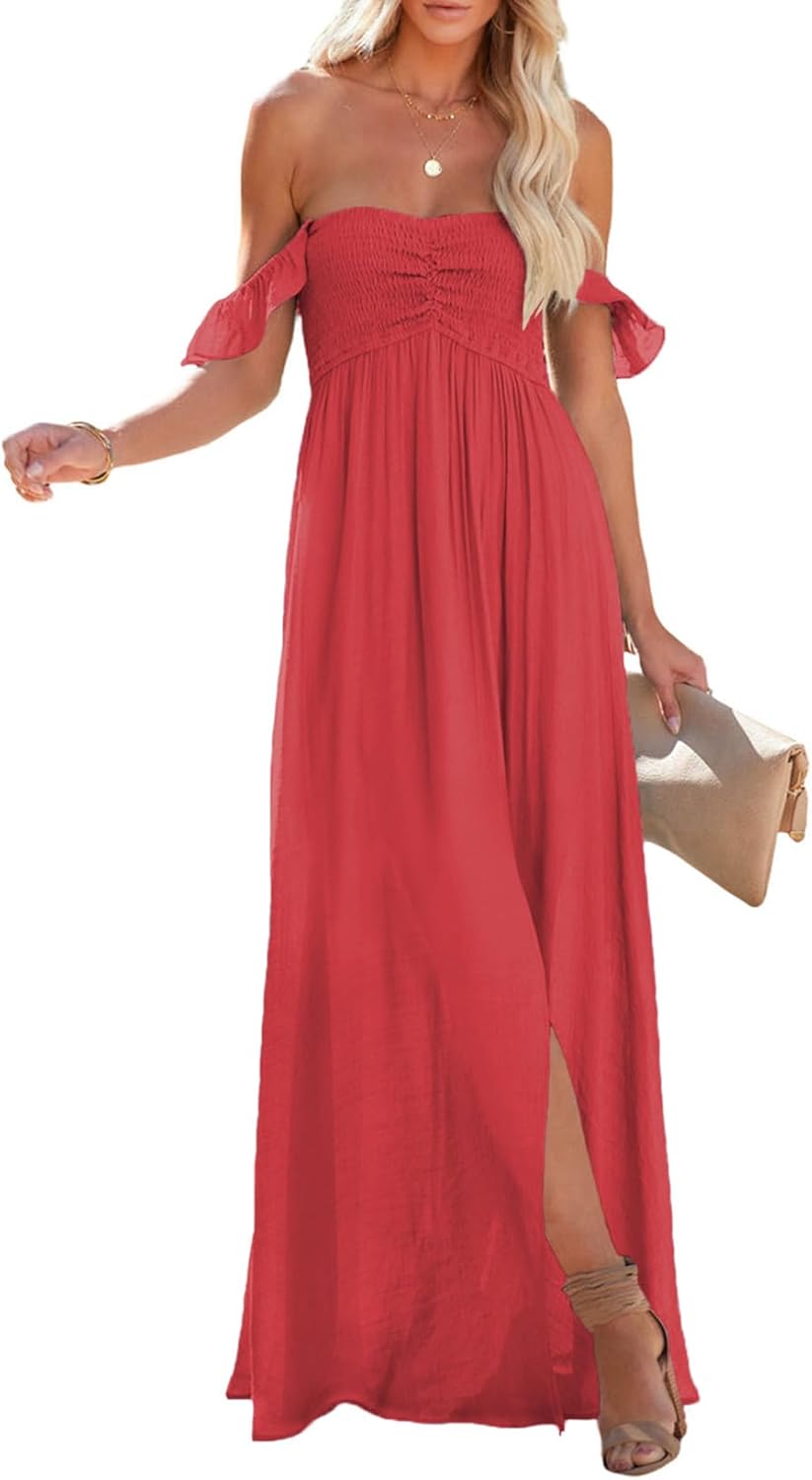 Stylish Women's Summer Smocked Off The Shoulder Maxi Dress