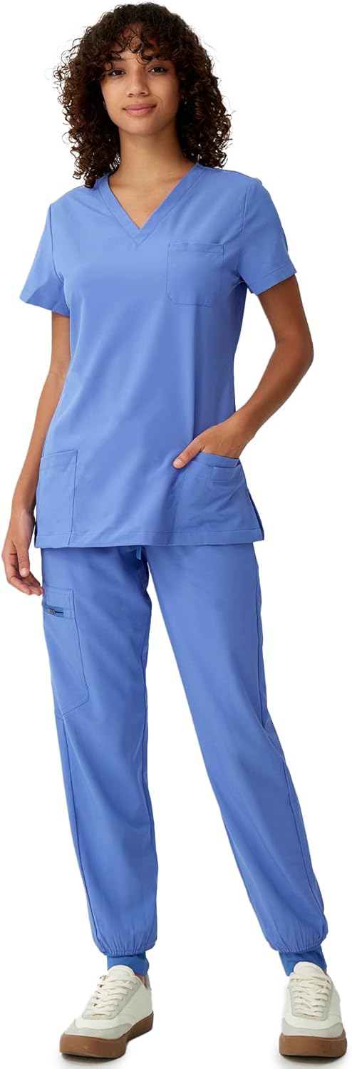 Women's V-Neck Scrubs Top & Cargo Pants Set with 10 Pockets