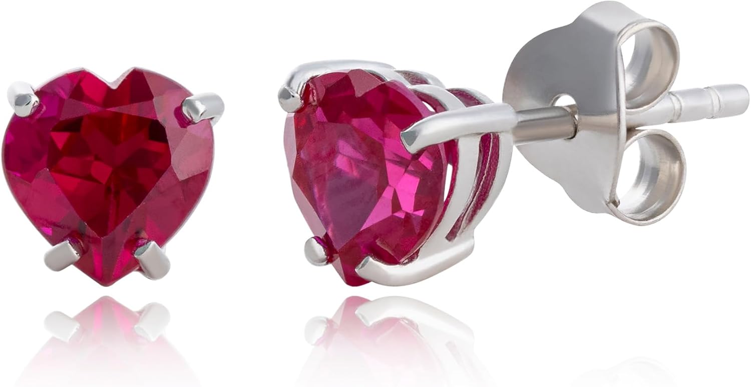 10k White Gold Heart Stud Earrings with Birthstone for Women