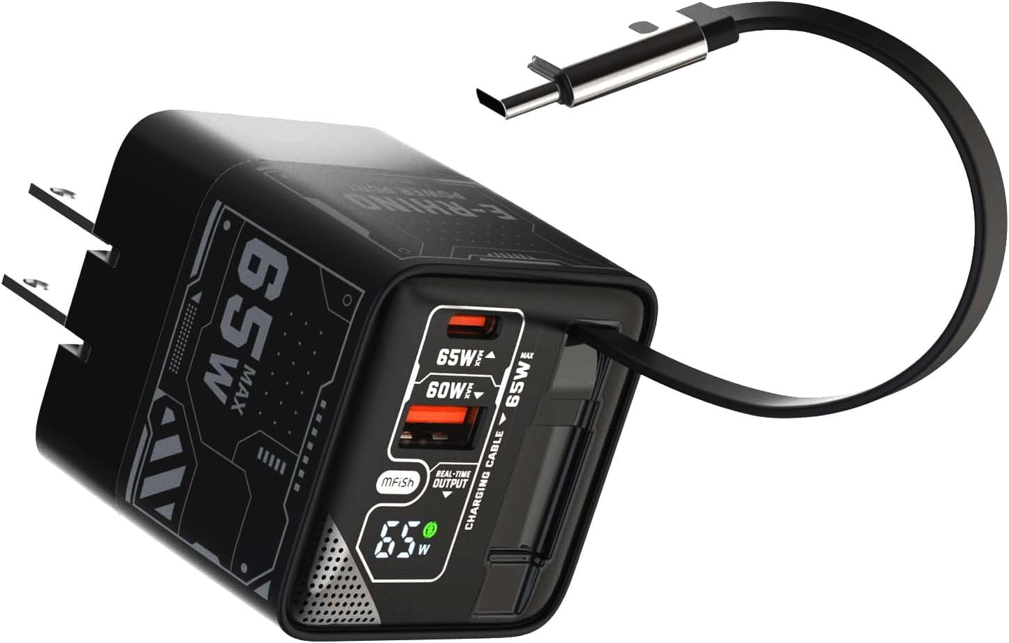 MFish 65W GaN Fast Charger with Dual Ports and Retractable Cable