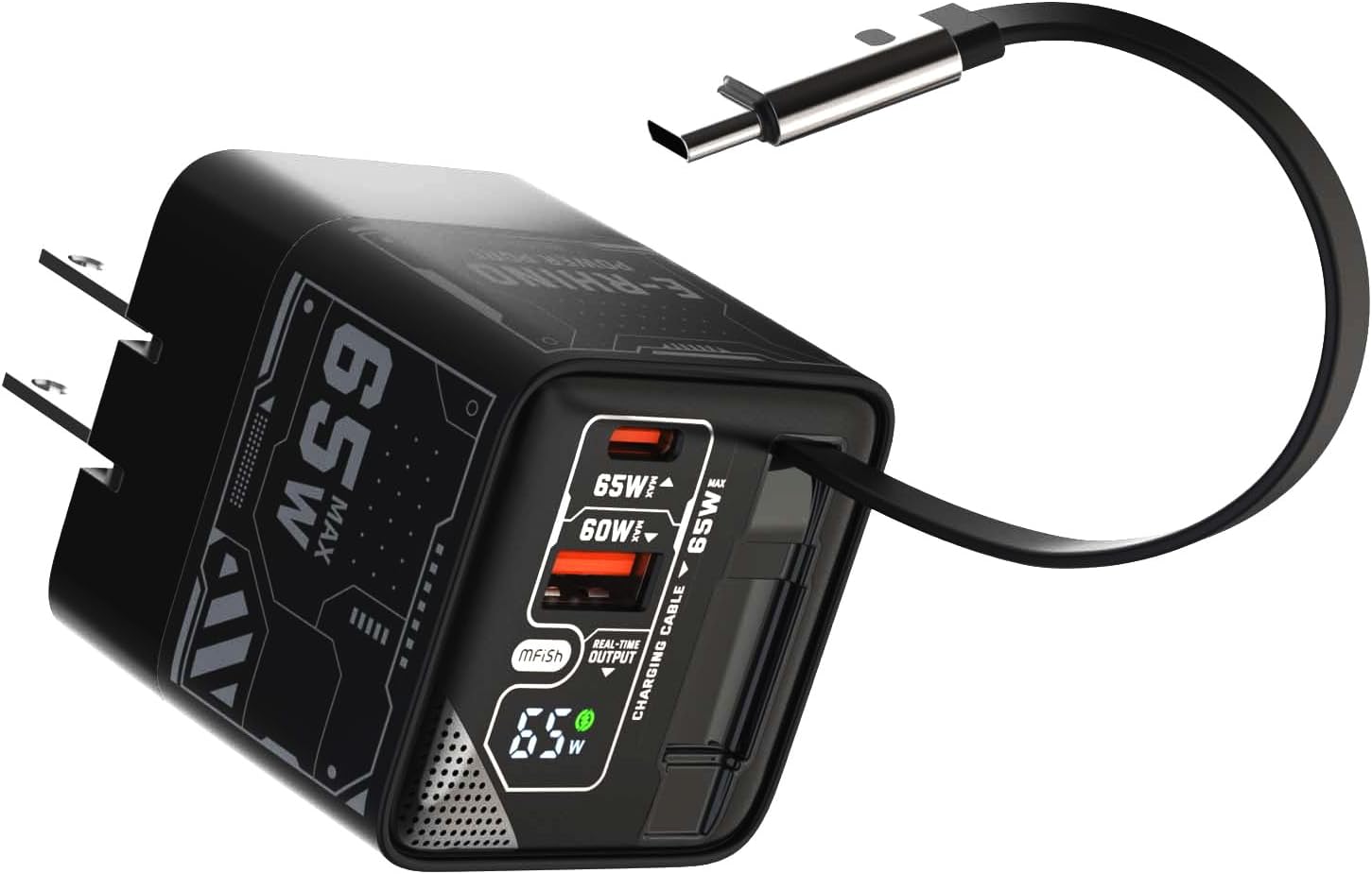 MFish 65W GaN Fast Charger with Dual Ports and Retractable Cable