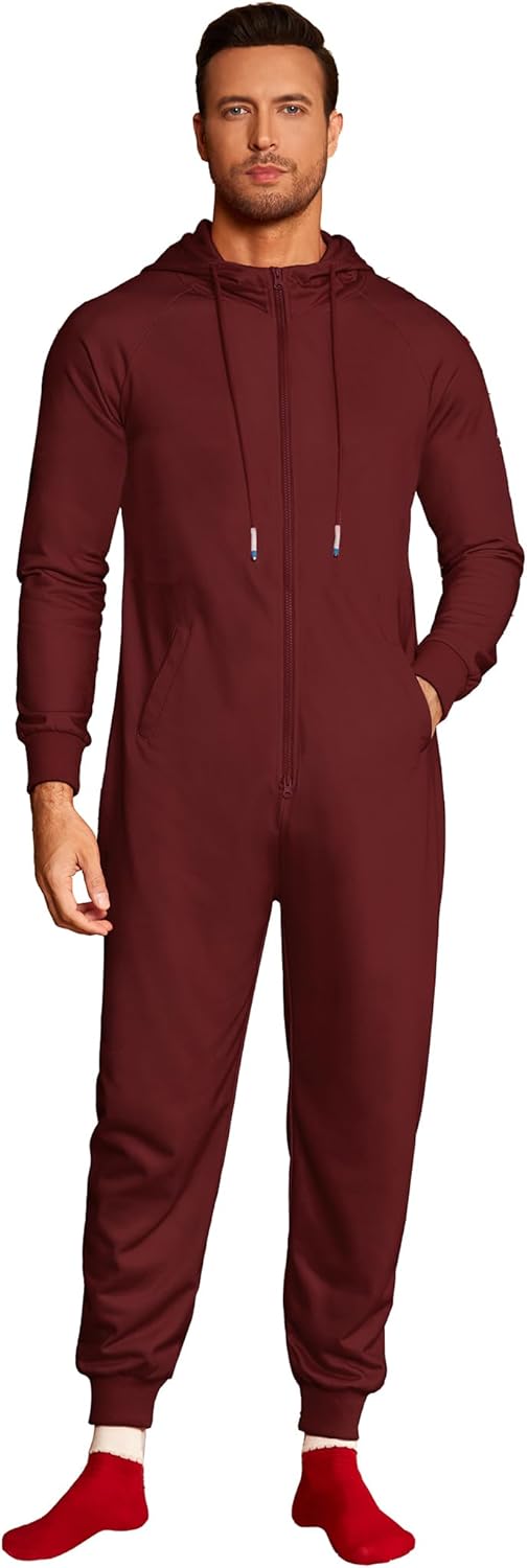 Stylish COOFANDY Mens Jumpsuit Onesie with Drawstring Hood