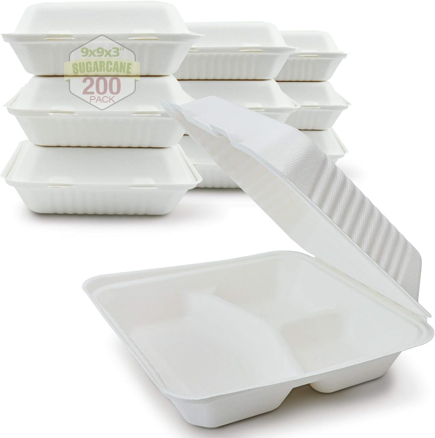 Compostable Clamshell Containers - 9-inch, 200-Count Pack