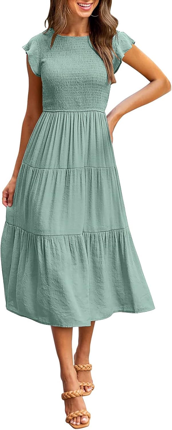 Flutter Short Sleeve Smocked Midi Dress for Summer Events