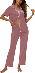Womens 2-Piece Button Up Pajama Set - Soft Short Sleeve & Long Pant