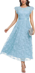Women's Tulle Midi Dress with Ruffle Sleeve and Lace Crewneck
