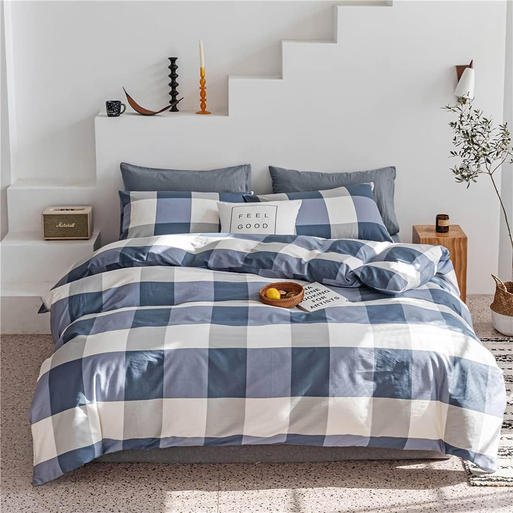 LifeTB Blue White Plaid Duvet Cover Set for Queen Size Beds