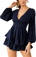Womens Floral Print Romper V Neck Long Sleeve Ruffle Hem (Style NF2P)