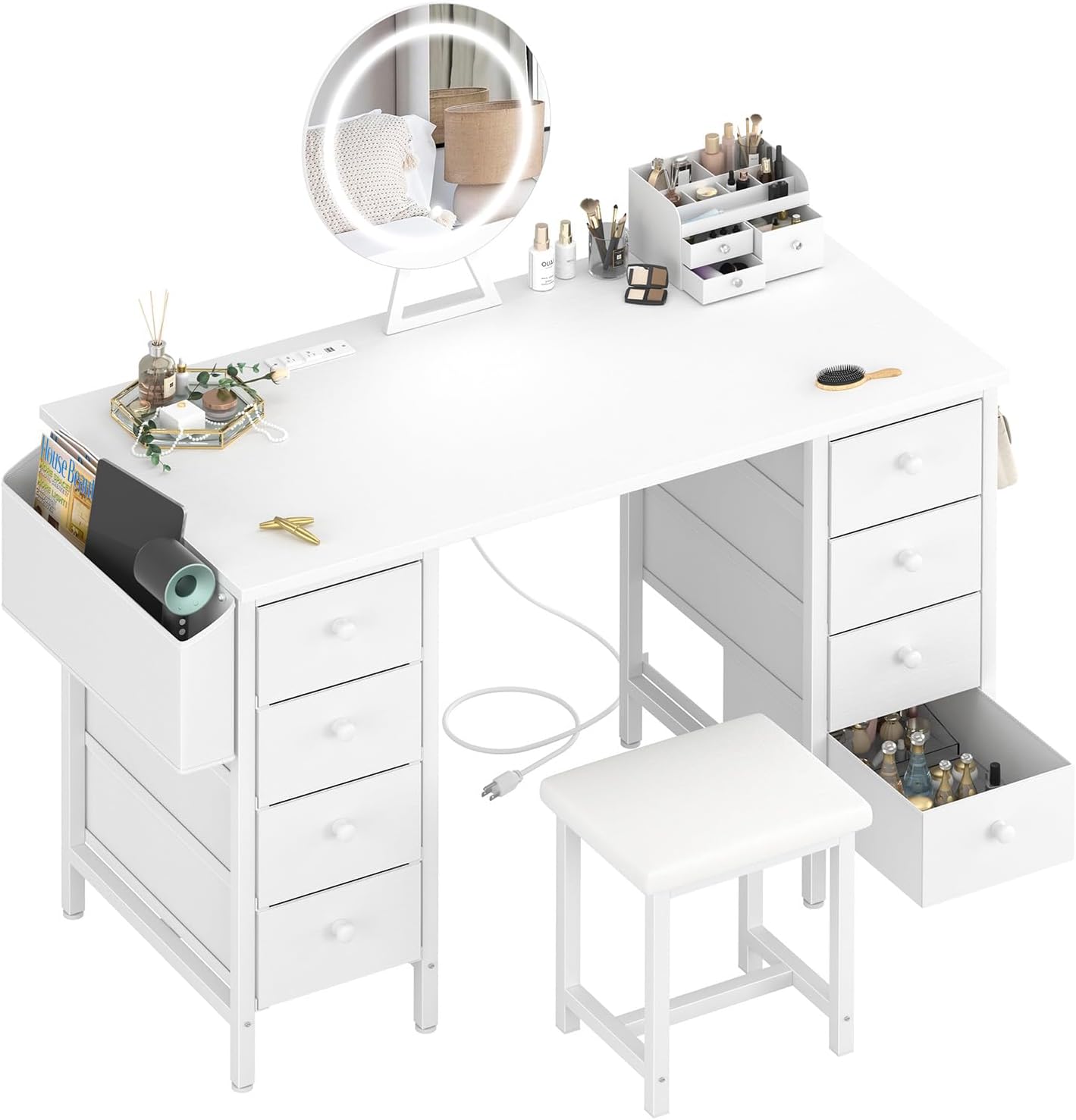 White Vanity Desk with Lighted Mirror & Storage