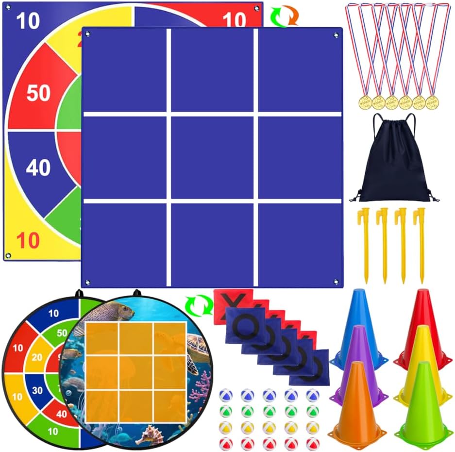 Giant Tic Tac Toe Games Set with Dart Board and Ring Toss Fun