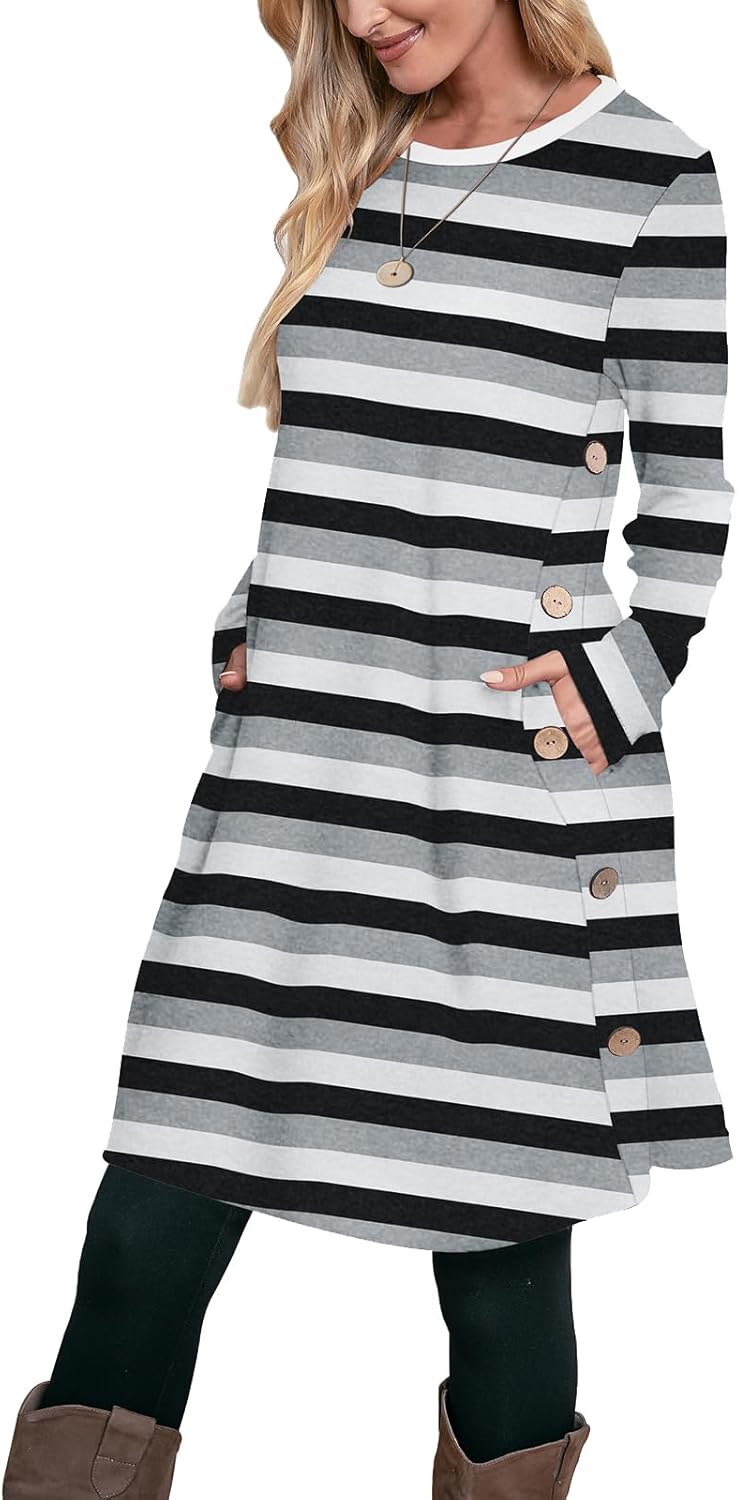 OFEEFAN Long Sleeve Dress for Women with Pockets and Buttons