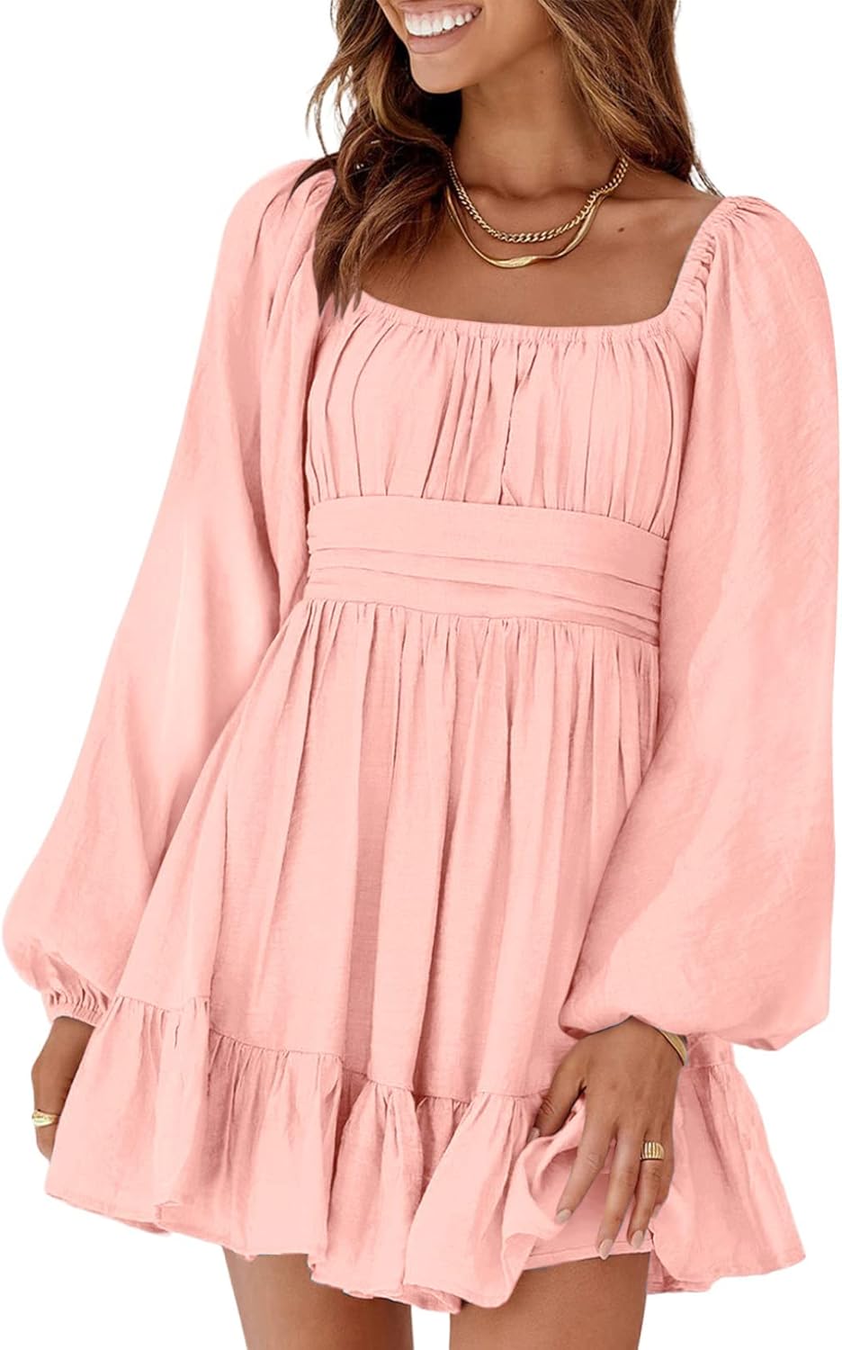 Dokotoo Womens Dress Long Lantern Sleeve Square Neck Mini Dress