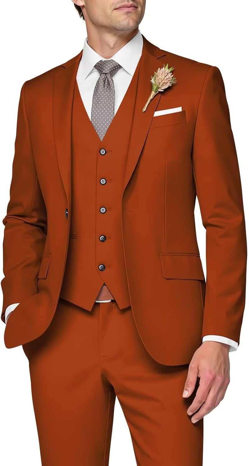 Elegant 3 Piece Slim Fit Wedding Suit for Men in Burnt Orange