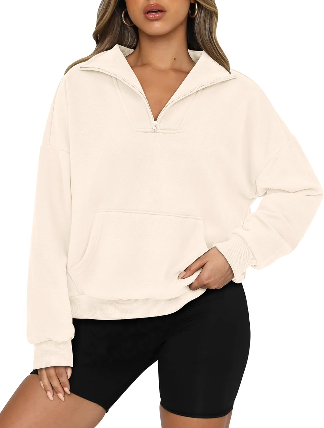 PRETTYGARDEN Womens Quarter Zip Long Sleeve Cropped Sweatshirt