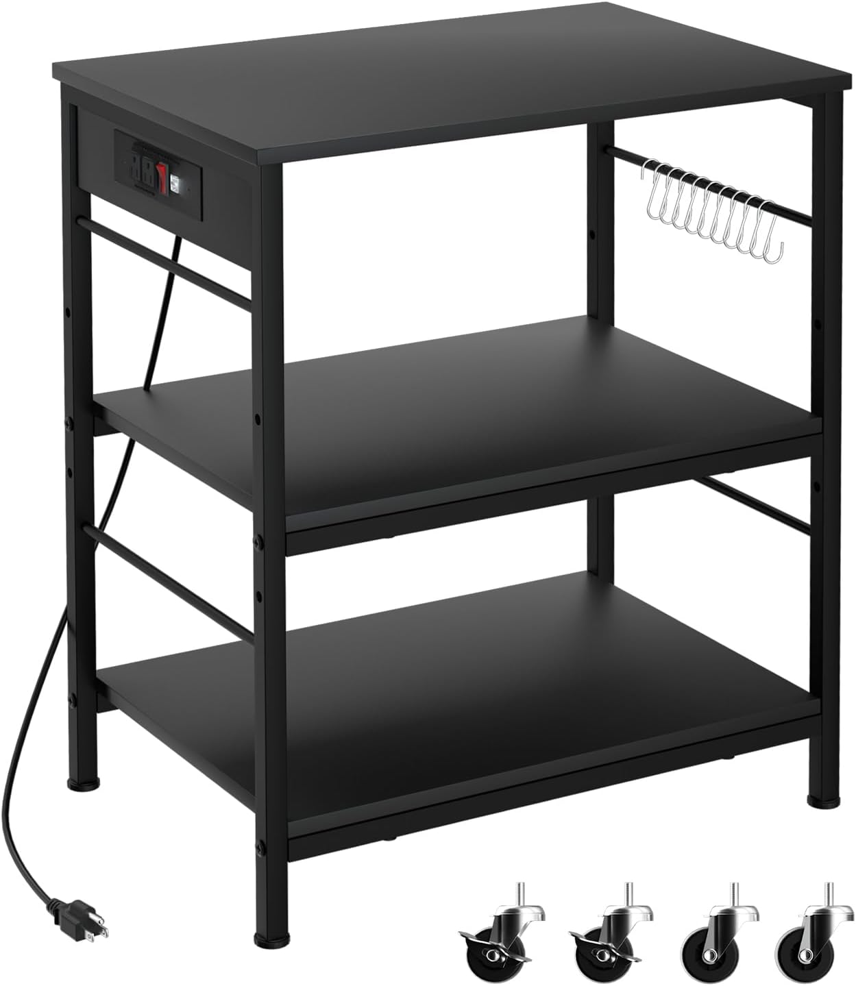 Black Bakers Rack with Power Outlet & Storage!