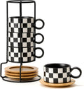Stackable Black and White Checkered Espresso Cups with Saucers