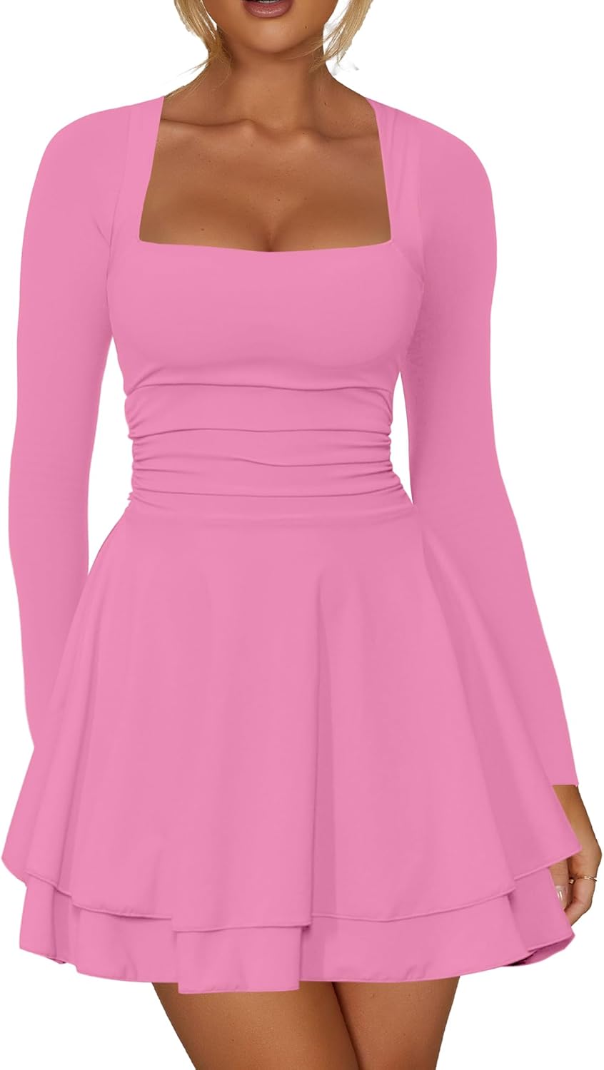 Kaximil Women's Square Neck Ruffle Hem Mini Dress for Parties