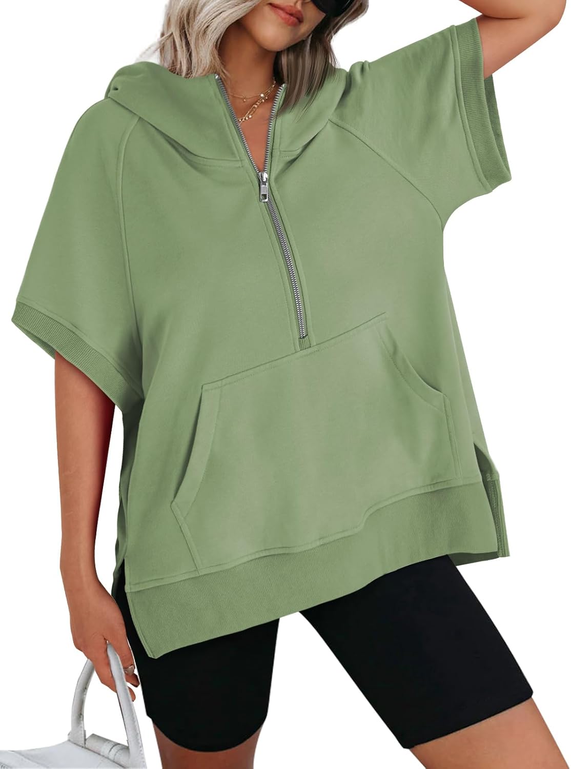 Cozy Chic: AUTOMET Oversized Short Sleeve Zip Hoodie