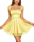 Women Satin Lace Strap Mini Dress Square Neck - Flowy A-Line