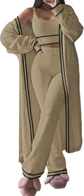 Women's Fuzzy 3-Piece Sweatsuit Set - Cardigan, Crop Tank & Wide Pants