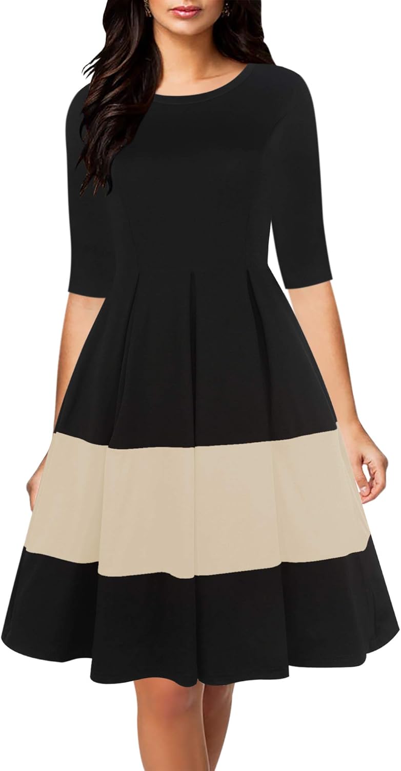 Oxiuly Women's Vintage Half Sleeve O-Neck Casual Swing Dress