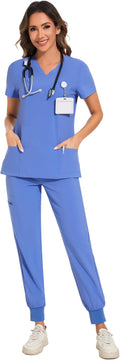 COZYFIT Scrubs for Women Set - Stretch V-Neck Top & Jogger Pant are