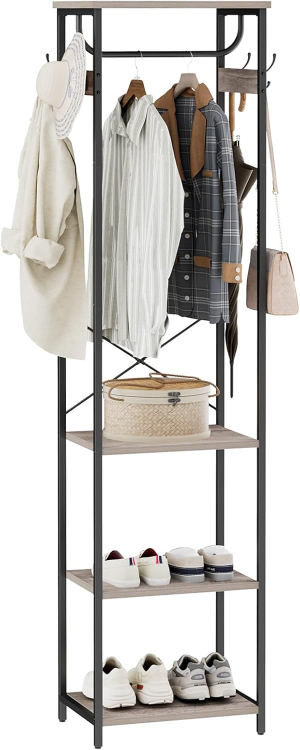 Freestanding Coat Rack With Hanging Rod and 3 Wooden Shelves