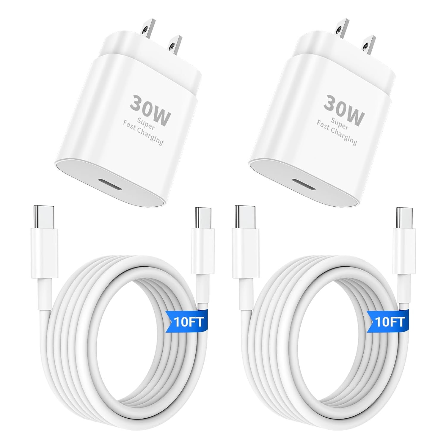 JERMASAL 30W Fast Charger Set for iPhone & Galaxy - 2PACK with 10FT Cable