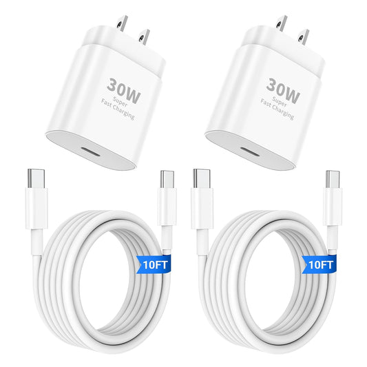 JERMASAL 30W Fast Charger Set for iPhone & Galaxy - 2PACK with 10FT Cable
