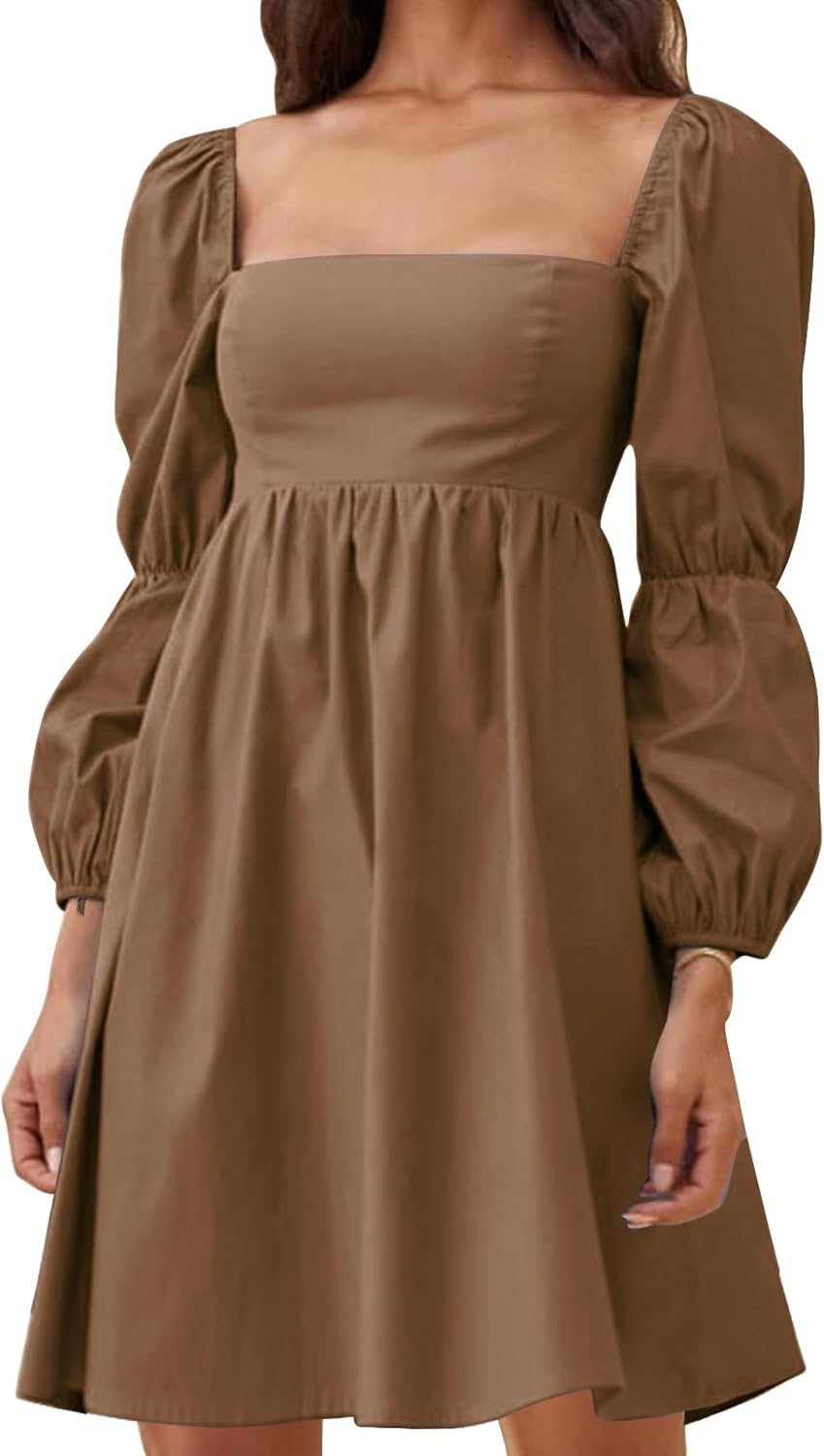 EXLURA Womens Square Neck Dress with Puff Sleeves for Casual Wear