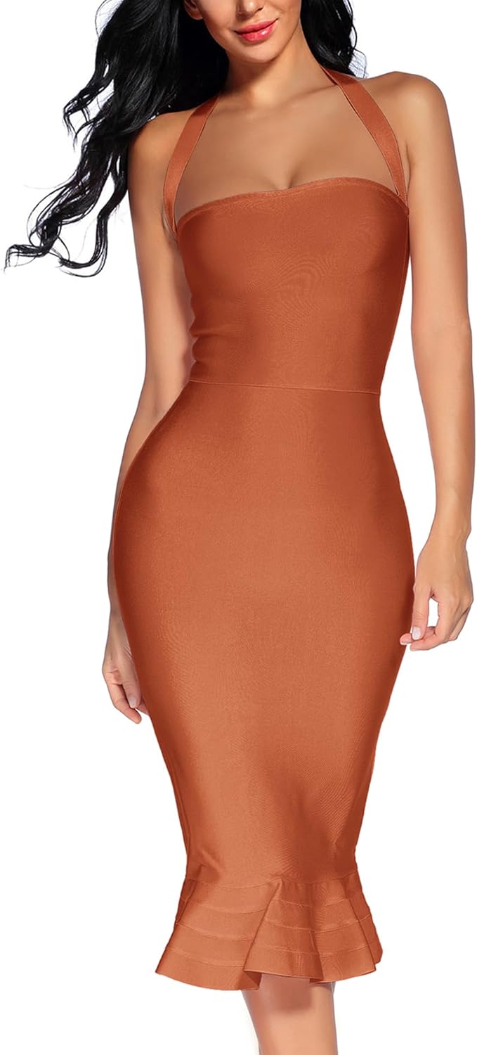 Houstil Women's V Neck Halter Fishtail Bodycon Dress for Parties