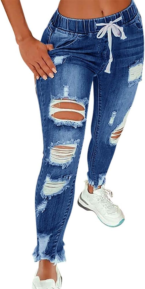 KUNMI Women High Waist Skinny Stretch Ripped Jeans for Comfort