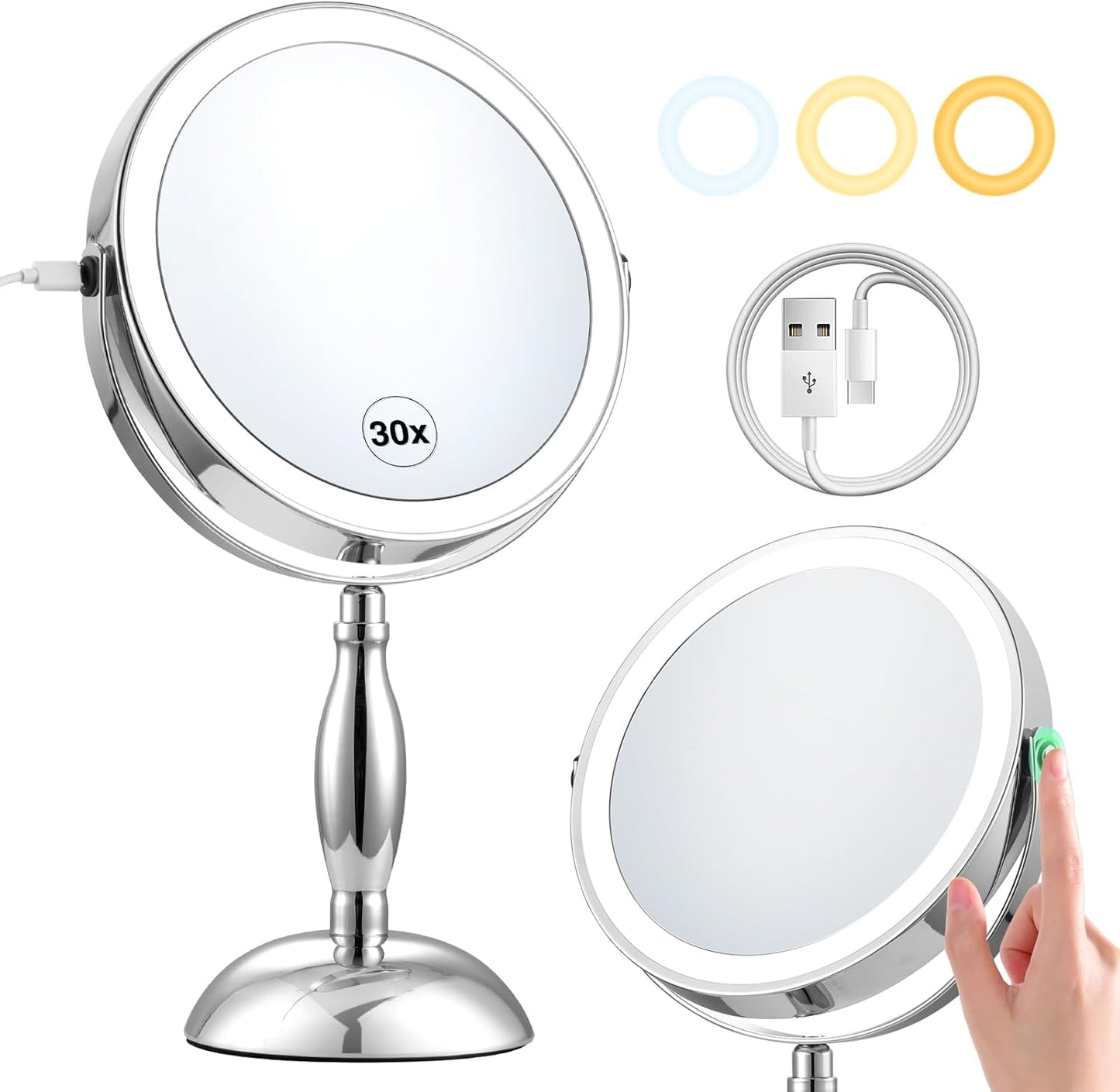 30x Magnifying Mirror with Lighted Makeup Features and Modes