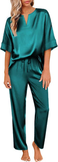 Satin Pajama Set Womens V Neck Short Sleeve with Long Pant - Soft Sets