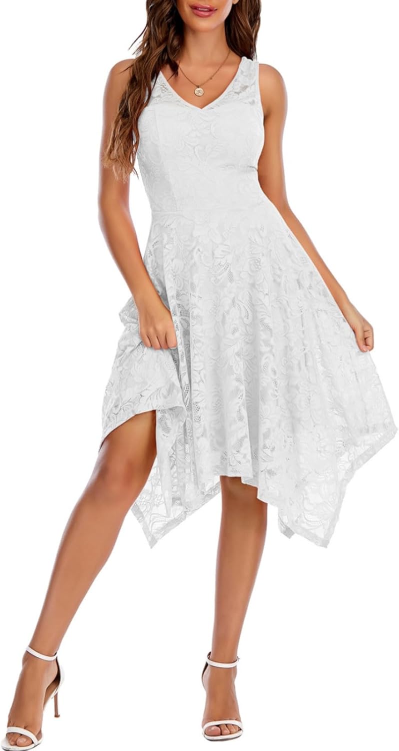 Elegant Handkerchief Hem Lace Cocktail Dress for Weddings
