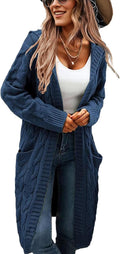 Women's Hooded Open Front Long Cardigan Cable Knit Sweaters - Cozy