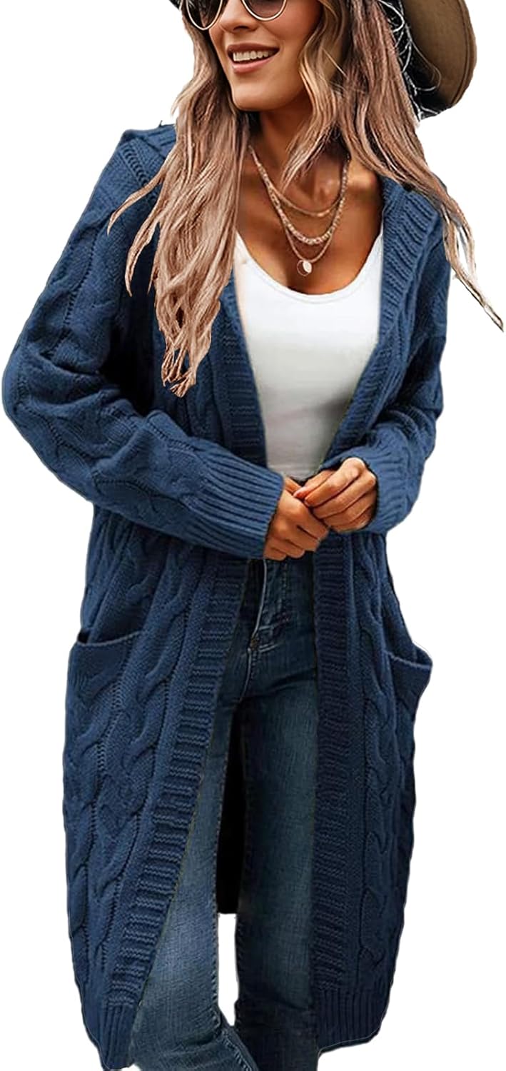 Women's Hooded Open Front Long Cardigan with Side Pockets