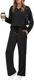 Lounge Sets for Women V Neck 2 Piece Outfits - Cozy Wide Leg Set