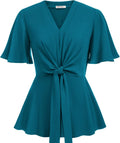 Women's V Neck Peplum Top with Tie Front - Elegant Slim Fit