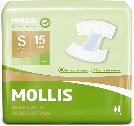 MOLLIS Incontinence Briefs for Women & Men, Odor Control, Small, 15 ct