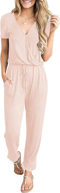Beige Jumpsuits for Women - PRETTYGARDEN Summer Short Sleeve Romper