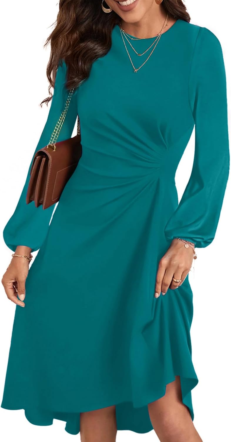Happy Sailed Women's Long Sleeve Ruched Waist Midi Dress