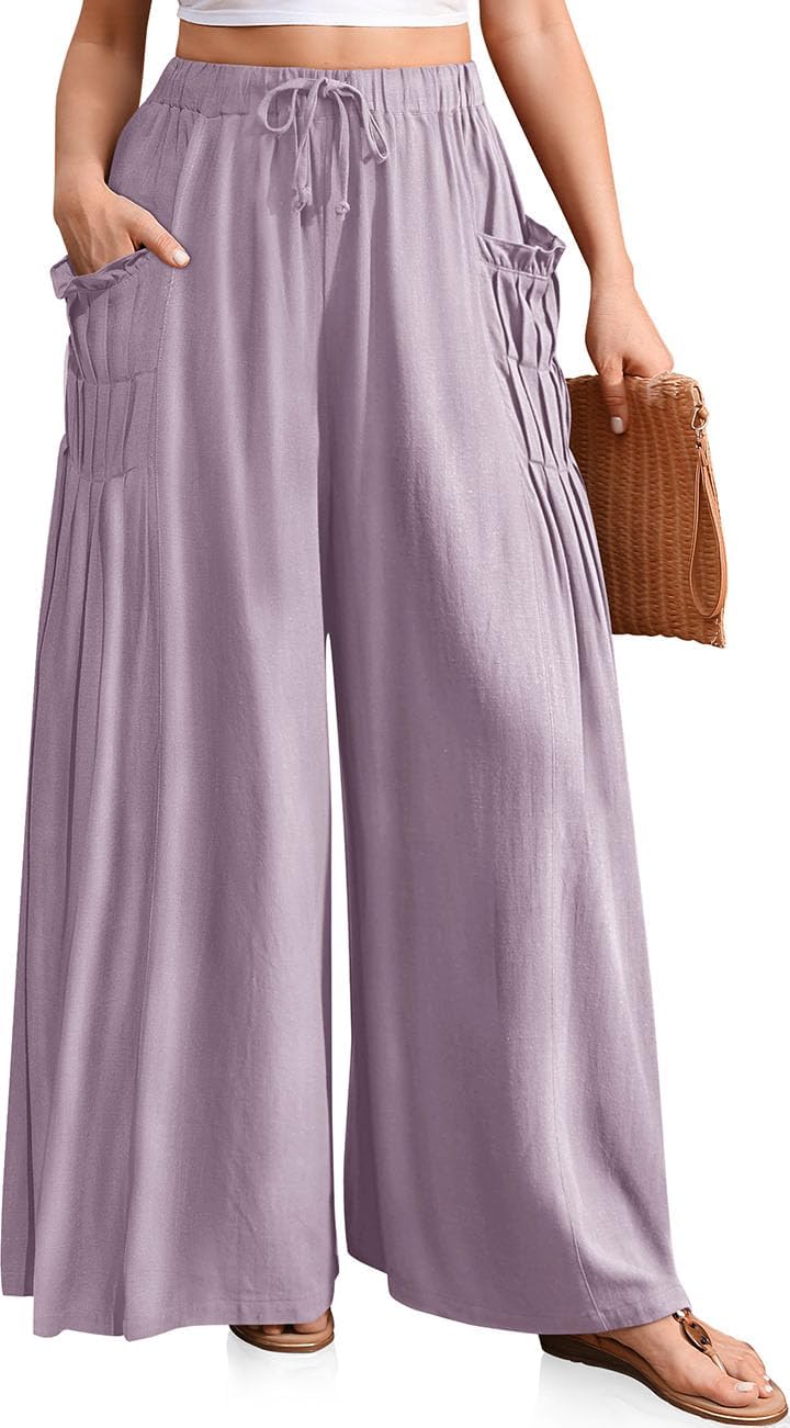 TARSE Women Linen Palazzo Pants for Summer Beach Travel Style