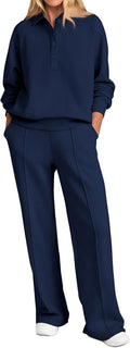 Women Fall 2 Piece Sweatsuit Set with Quarter Button Top - Cozy Wide